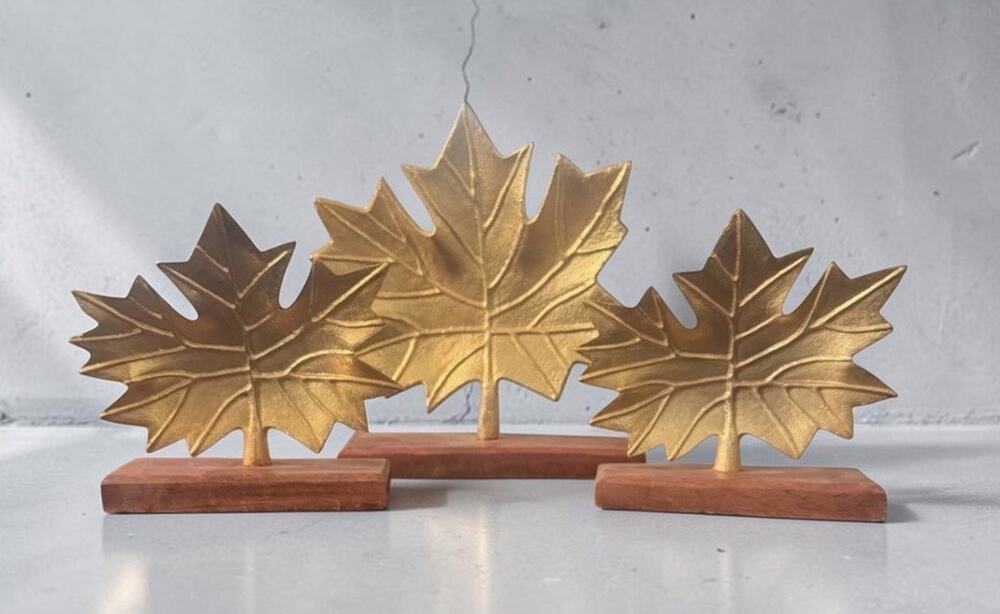 Gold Maple Leaf Decor Sculpture Wood Base Fall Autumn Tabletop Set 3